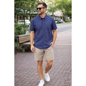 Level Ten Mens Modern Navy Blue Geometric Print Short Sleeve Cotton Shirt XL